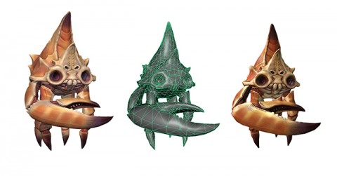 Above:  From left to right; the high polygon Pesterclaw model in Zbrush, the retopologized mesh started in 3D-Coat and completed in Maya, and the final model with fully baked textures viewed in the game engine.